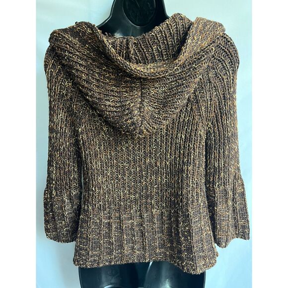 BCBG Max Azria Y2K Chunky Knit Brown Cardigan Sweater S Hooded Retro 3/4 Sleeve - Picture 6 of 12